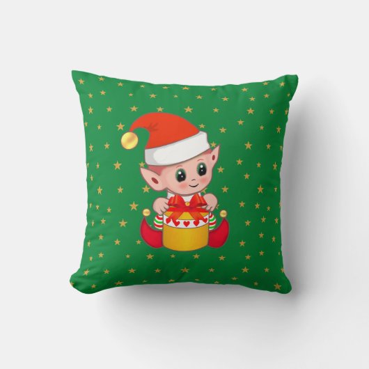 緑の背景にクリスマスの妖精と星 クッション (正面)