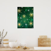 緑の背景にクリスマスの金の雪の結晶 ポスター (キッチン)