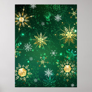 緑の背景にクリスマスの金の雪の結晶 ポスター