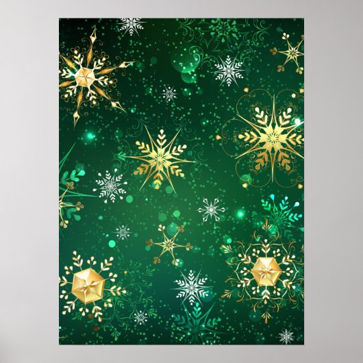 緑の背景にクリスマスの金の雪の結晶 ポスター (正面)