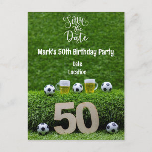 緑の背景にサッカー ボールとビール　50歳の誕生日 ポストカード