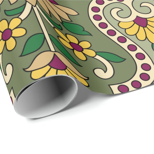 緑の背景にジオメトリムガルペイズリーパターンを表示 ラッピングペーパー (ロールコーナー)