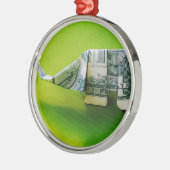 緑の背景にドル紙幣の折り紙ゾウ メタルオーナメント (左)