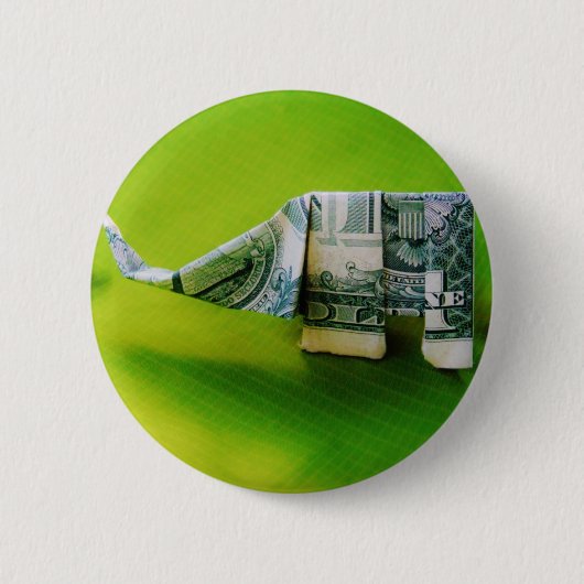 緑の背景にドル紙幣の折り紙ゾウ 缶バッジ (正面)