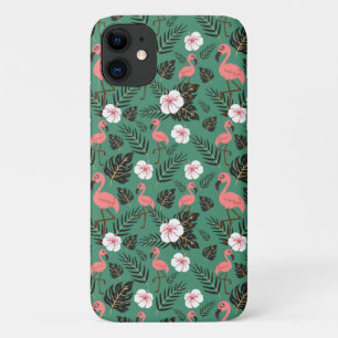 緑の背景にフラミンゴシームレスパターンピンク iPhone 11 ケース