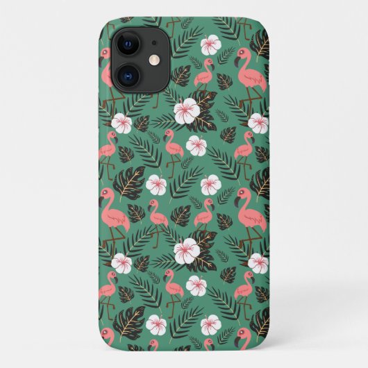 緑の背景にフラミンゴシームレスパターンピンク Case-Mate iPhoneケース (裏面)