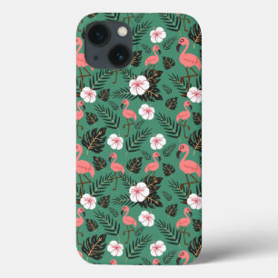 緑の背景にフラミンゴシームレスパターンピンク iPhone 13ケース