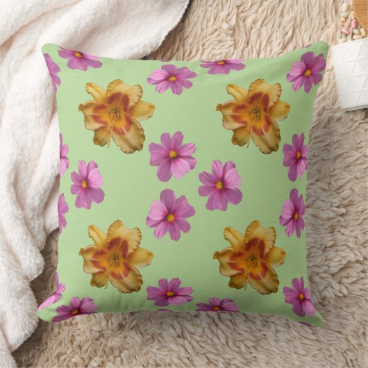 緑の背景にユリやコスモスの花 クッション (ブランケット)