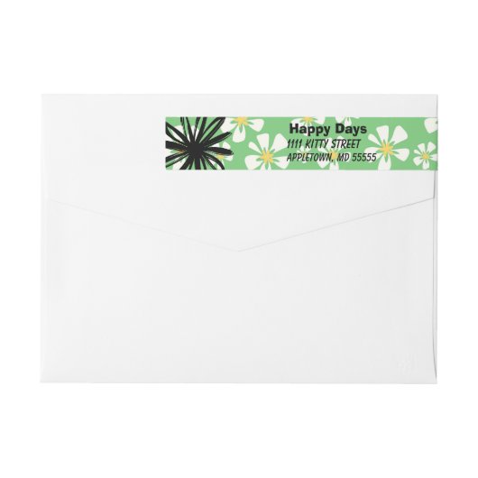 緑の背景に幸せな白い花 ラップアラウンドラベル (裏面)