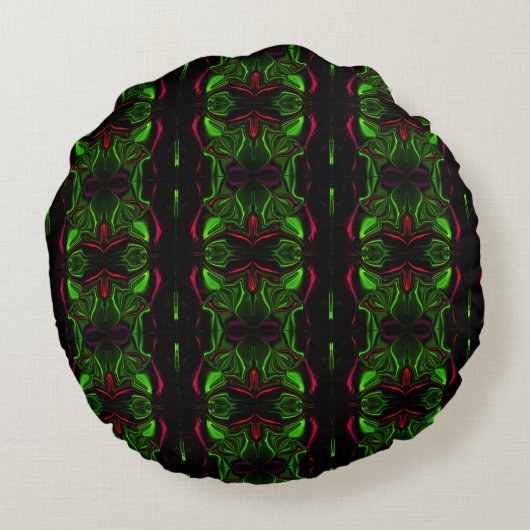 緑の背景に曲線状の赤いストロークを鏡像化 ラウンドクッション (裏面)