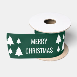 緑の背景に書かれた'Merry Christmas'のホワイトツリー サテンリボン