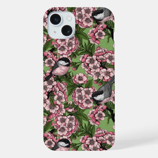 緑の背景に桜とシジュウカラ iPhoneケース (裏面)
