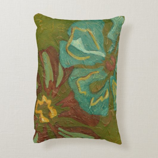 緑の背景に水色と焦げたオレンジ色の花 アクセントクッション (裏面(縦))