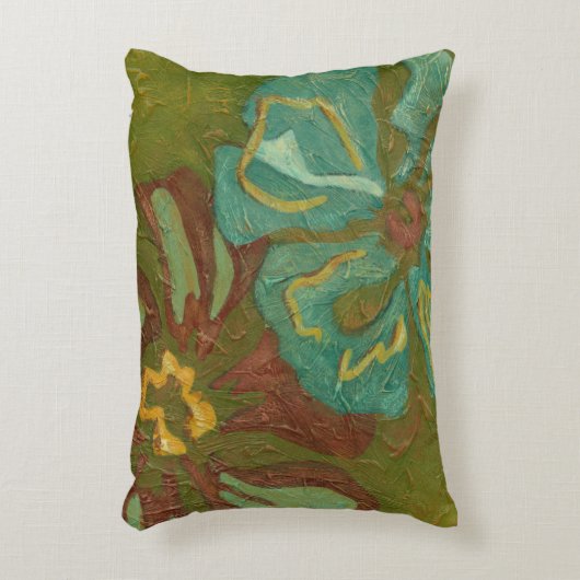 緑の背景に水色と焦げたオレンジ色の花 アクセントクッション (正面(垂直))