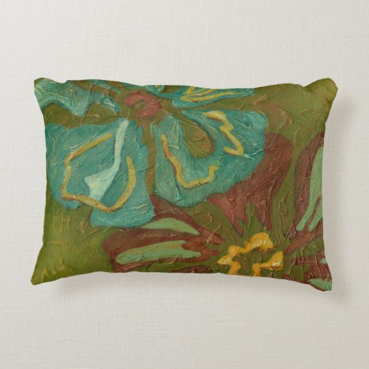 緑の背景に水色と焦げたオレンジ色の花 アクセントクッション (裏面)