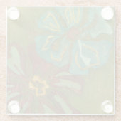 緑の背景に水色と焦げたオレンジ色の花 ガラスコースター (裏面)