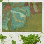 緑の背景に水色と焦げたオレンジ色の花 キッチンタオル (折り畳み)