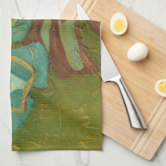 緑の背景に水色と焦げたオレンジ色の花 キッチンタオル (四つ折り)