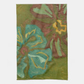 緑の背景に水色と焦げたオレンジ色の花 キッチンタオル (縦)