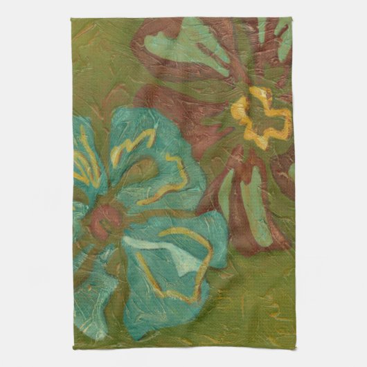 緑の背景に水色と焦げたオレンジ色の花 キッチンタオル (縦)