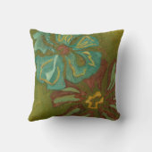 緑の背景に水色と焦げたオレンジ色の花 クッション (裏面)