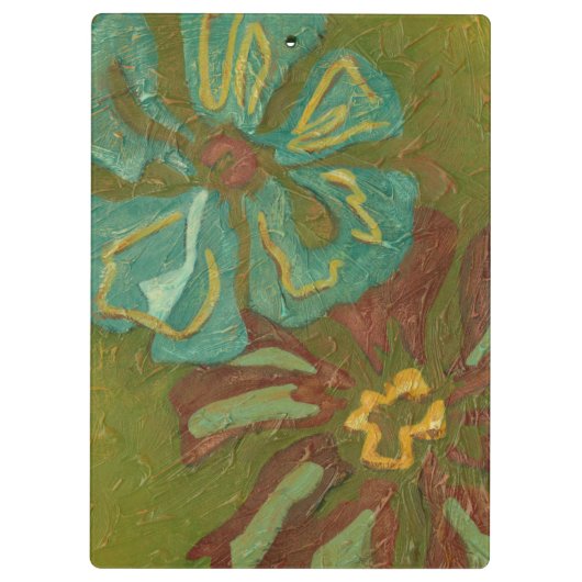 緑の背景に水色と焦げたオレンジ色の花 クリップボード (裏面)