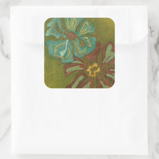 緑の背景に水色と焦げたオレンジ色の花 スクエアシール (バッグ)