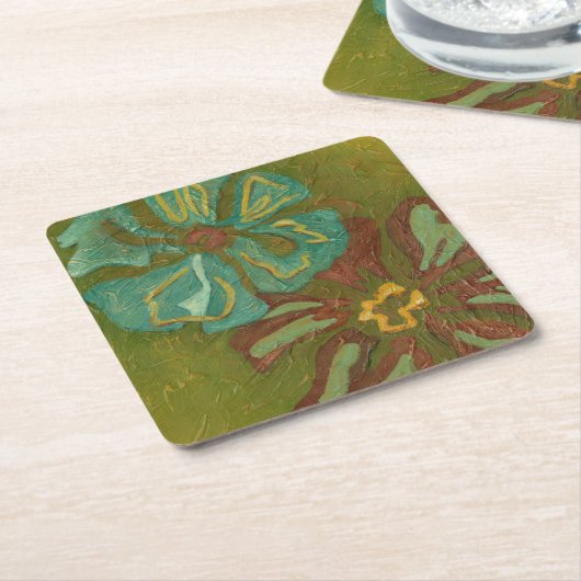 緑の背景に水色と焦げたオレンジ色の花 スクエアペーパーコースター (アングル)