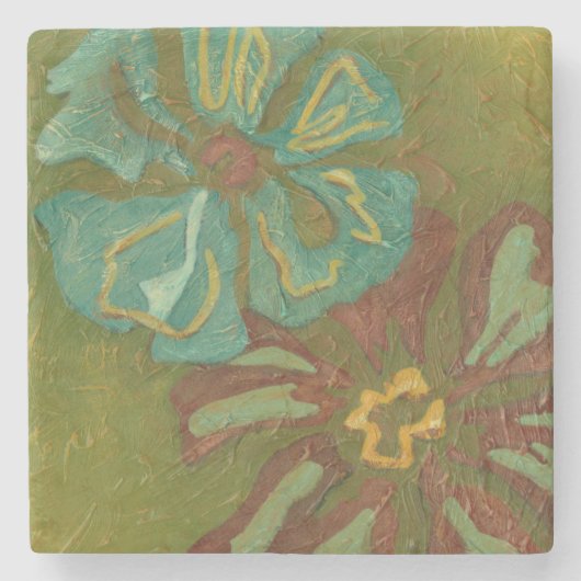 緑の背景に水色と焦げたオレンジ色の花 ストーンコースター (正面)