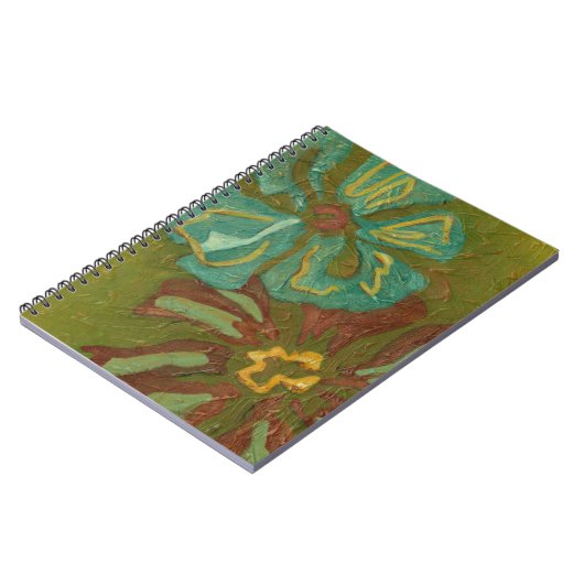 緑の背景に水色と焦げたオレンジ色の花 ノートブック (左側)