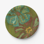 緑の背景に水色と焦げたオレンジ色の花 ペーパープレート (正面)