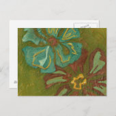 緑の背景に水色と焦げたオレンジ色の花 ポストカード (正面/裏面)