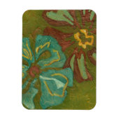 緑の背景に水色と焦げたオレンジ色の花 マグネット (縦)