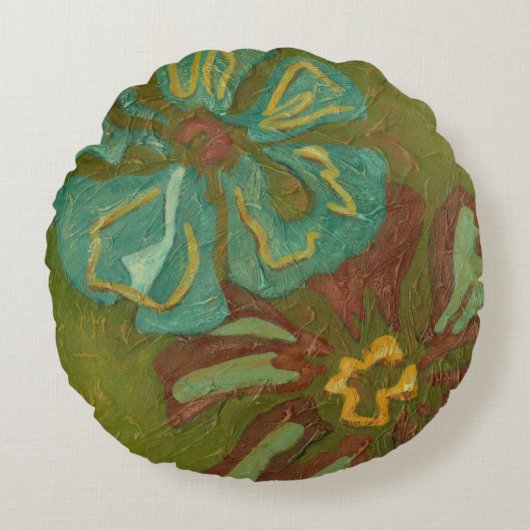 緑の背景に水色と焦げたオレンジ色の花 ラウンドクッション (正面)