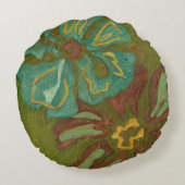 緑の背景に水色と焦げたオレンジ色の花 ラウンドクッション (裏面)