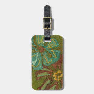 緑の背景に水色と焦げたオレンジ色の花 ラゲッジタグ