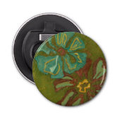 緑の背景に水色と焦げたオレンジ色の花 栓抜き (正面)