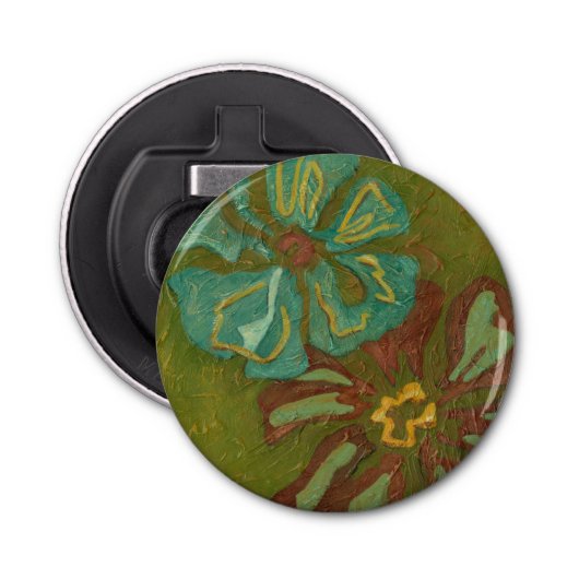 緑の背景に水色と焦げたオレンジ色の花 栓抜き (正面)