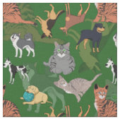 緑の背景に猫と犬のパターン デザイン ファブリック (クローズアップ)