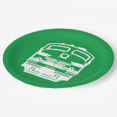 緑の背景に白い列車のエンジンプロファイル ペーパープレート (アングル)