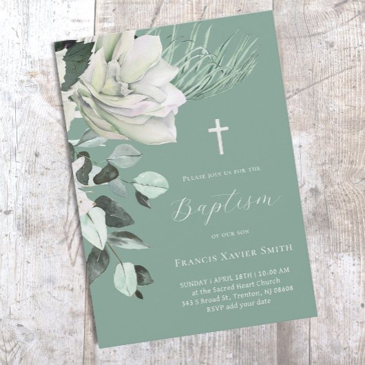 緑の背景に白い花束　洗礼式 招待状