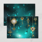 緑の背景に置かれた古風なスケルトンキー 招待状 (正面/裏面)