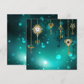 緑の背景に置かれた古風なスケルトンキー 招待状 (正面/裏面)