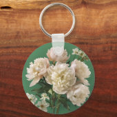 緑の背景に美しい白とピンクの芍薬 キーホルダー (正面)