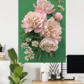 緑の背景に美しい白とピンクの芍薬 ポスター (ホームオフィス)