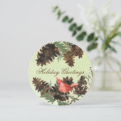 緑の背景に赤いカーディナルと松ぼっくり ホリデーカード (スタンド正面)