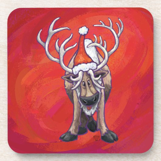 緑の背景に赤いサンタ帽子のトナカイのクリスマス コースター (正面)