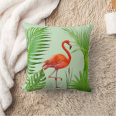 緑の背景に赤いフラミンゴとトロピカルパームリーフ クッション (ブランケット)