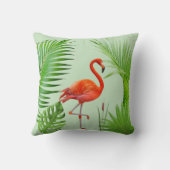 緑の背景に赤いフラミンゴとトロピカルパームリーフ クッション (裏面)