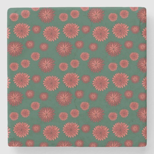 緑の背景に赤い花 ストーンコースター (正面)